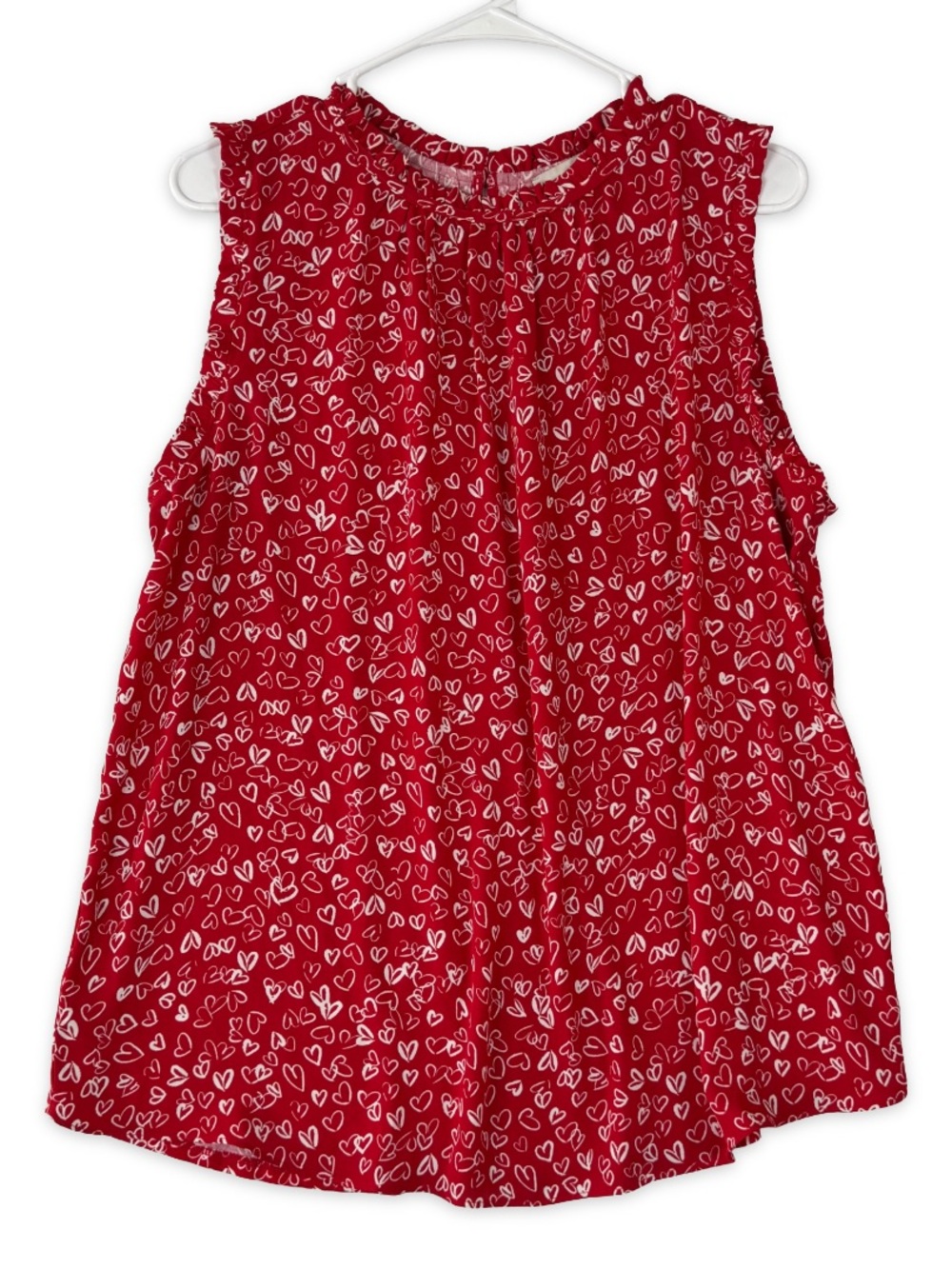 Loft Top Womens L Large Red White Hearts Sleeveless Ruffle Neck Knit Woven